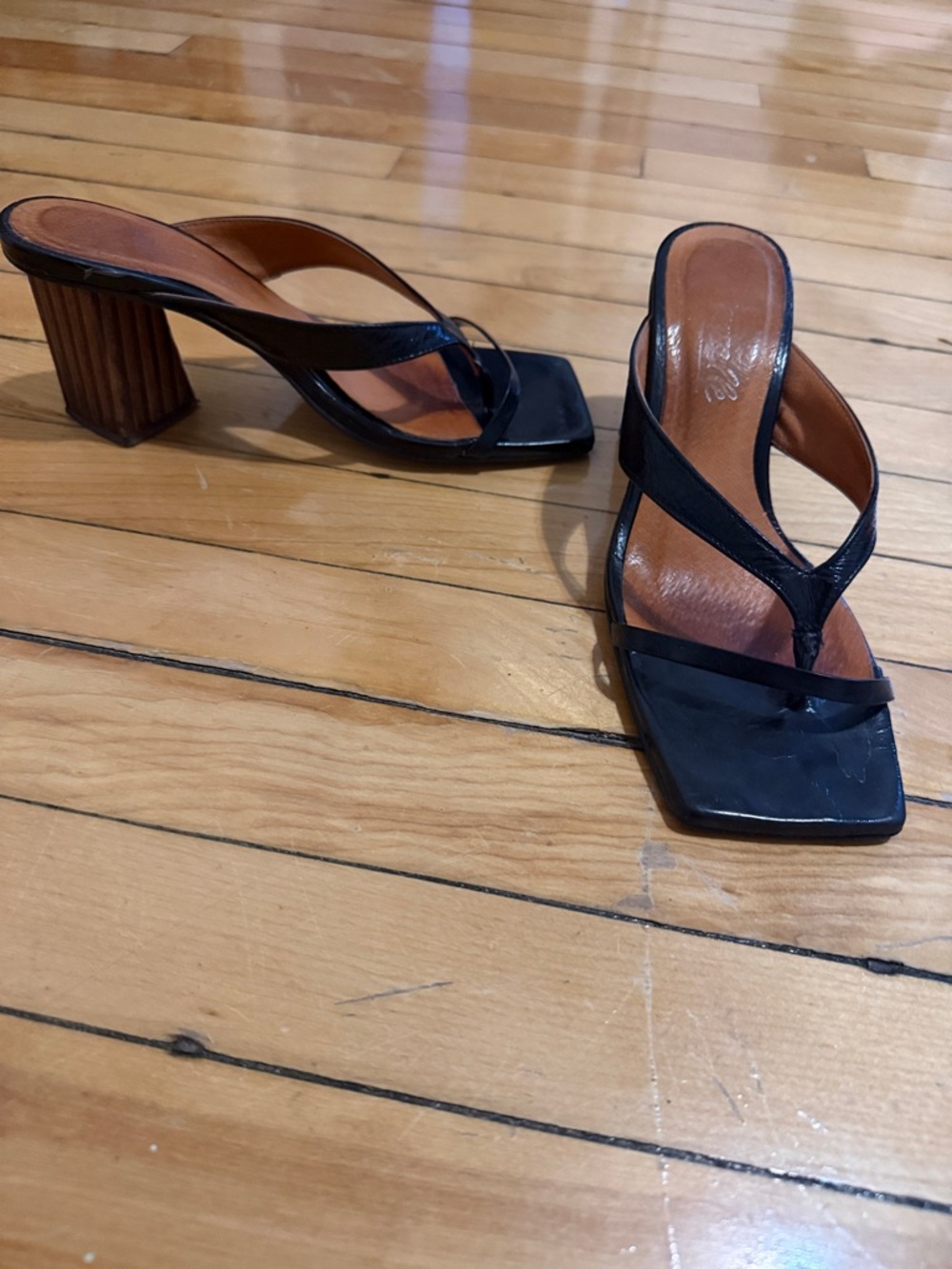 REAL LEATHER L'INTERVALLE Black Strappy Square-Toe Block Heel Sandals